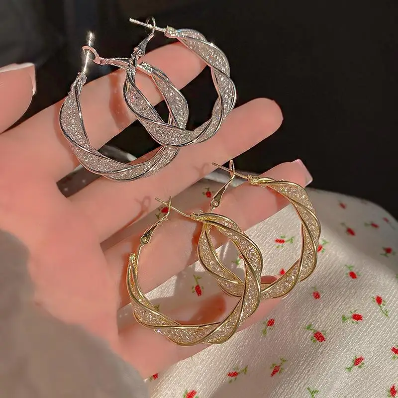

MOWAMUA Silver Color Geometric Shiny Rhinestone Large Hoop Earrings For Women Korean Fashion Spiral Circle Accessories Earings