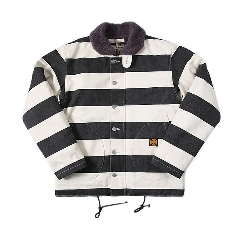 

BOB DONG Vintage Prison Stripe Motorcycle N-1 Jacket Men's Biker Wool Lined Coat