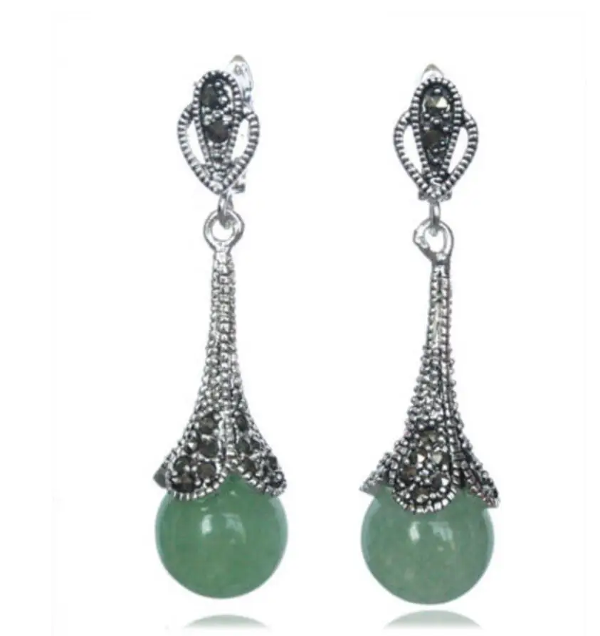 

RARE 925 STERLING SILVER NATURAL GREEN stone BEADS MARCASITE EARRINGS 14/5inch