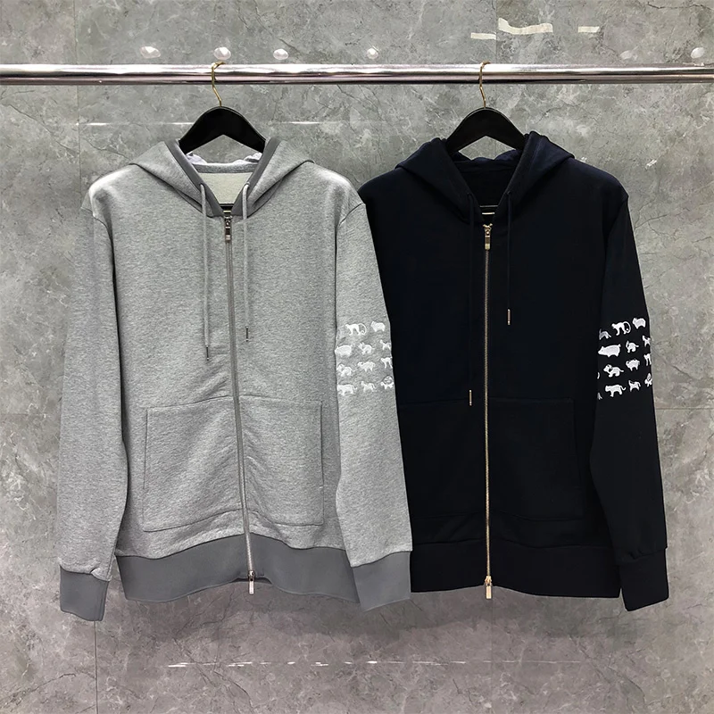 Men’s TB Thom Zip Up Hoodie Jacket Animal Embroidery Long Sleeve Hooded Sweatshirt with Pockets Casual Unisex Solid Sweatershirt