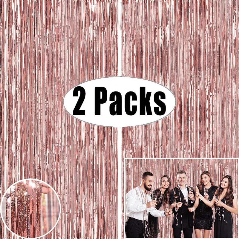 2Pack Rose Gold Glitter Party Backdrop Metallic Foil Tinsel Fringe Curtain Birthday Wedding Bachelorette Decoration Adult Kids