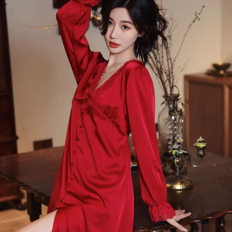 Ice Silk Pajamas Dress Lace Sexy Long Vintage Nightdress Snow Silk Long Skirt Sleepwear The Sexy Clothes for Sleep Nightgown