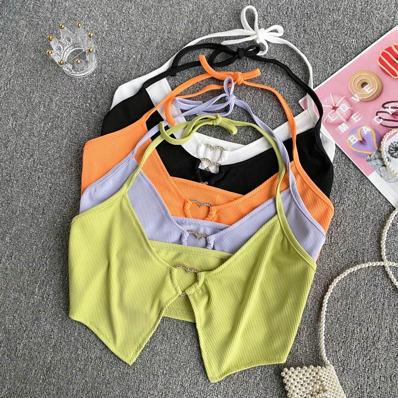 

Женский Пляжный топ для отпуска карамельных цветов, Милый хлопковый укороченный топ с V-образным вырезом и эластичными пуговицами, Ажурные топы с V-образным вырезом и лямкой на шее