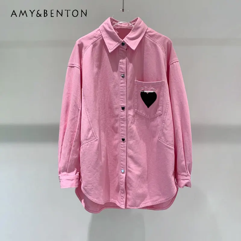 2023 Spring Autumn New Style Pink Loose Youthful-Looking Denim Jacket for Women Casual Shirt Long Sleeve Jean Coat
