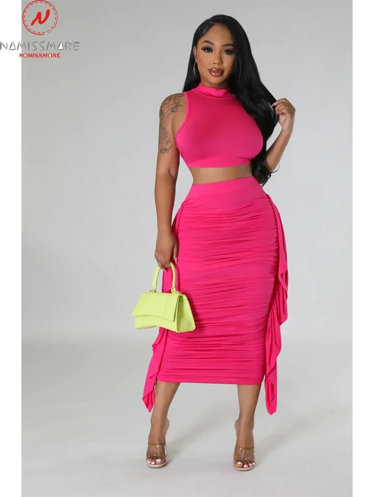 

Women Summer Solid Color 2 Piece Dress Set Shrinkage Design Ruffles Decor Elastic Waist Slim Hip Skirts+Sleeveless Short Tanks