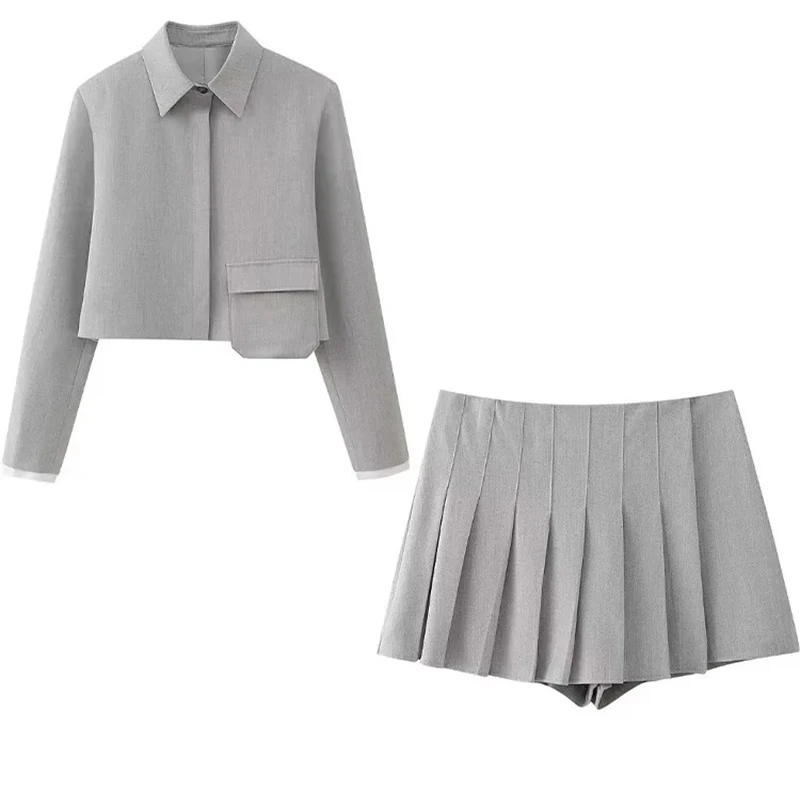 Модный женский комплект UETEEY из 2 предметов серая однобортная рубашка с