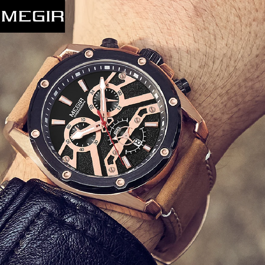 

Часы MEGIR Мужские кварцевые в стиле милитари, люксовые брендовые модные спортивные светящиеся водонепроницаемые с хронографом