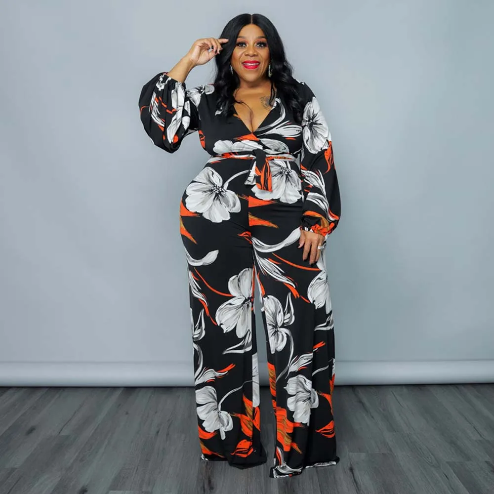 

Jumpsuit Puff Sleeve Print V-neck Tie Long Sleeves Jumpsuit Plus Size Fashion Street Commute Women's 2022 Summer New Style
