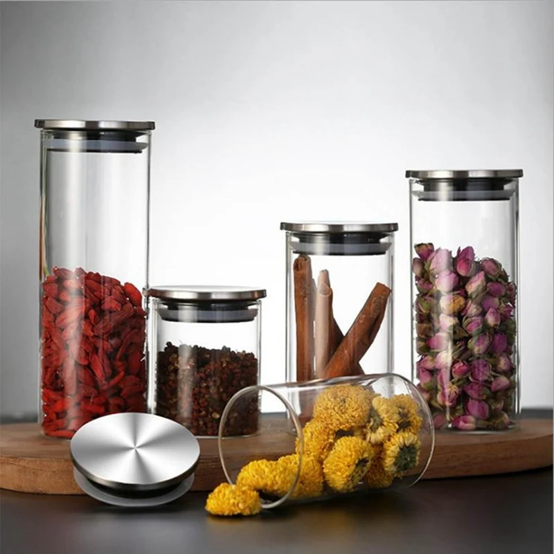 

A 250/300/350/450ml Glass Canister Airtight Storage Jars Kitchen Food Containers For Candy Cookies Sugar Flour With Silver Lid