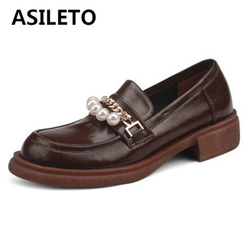 

ASILETO Woman Shoes Zapatos mujer Pumps Round Toe Block Heels Cow Leather Slip-on Beading Retro Black Brown Concise Spring S2871
