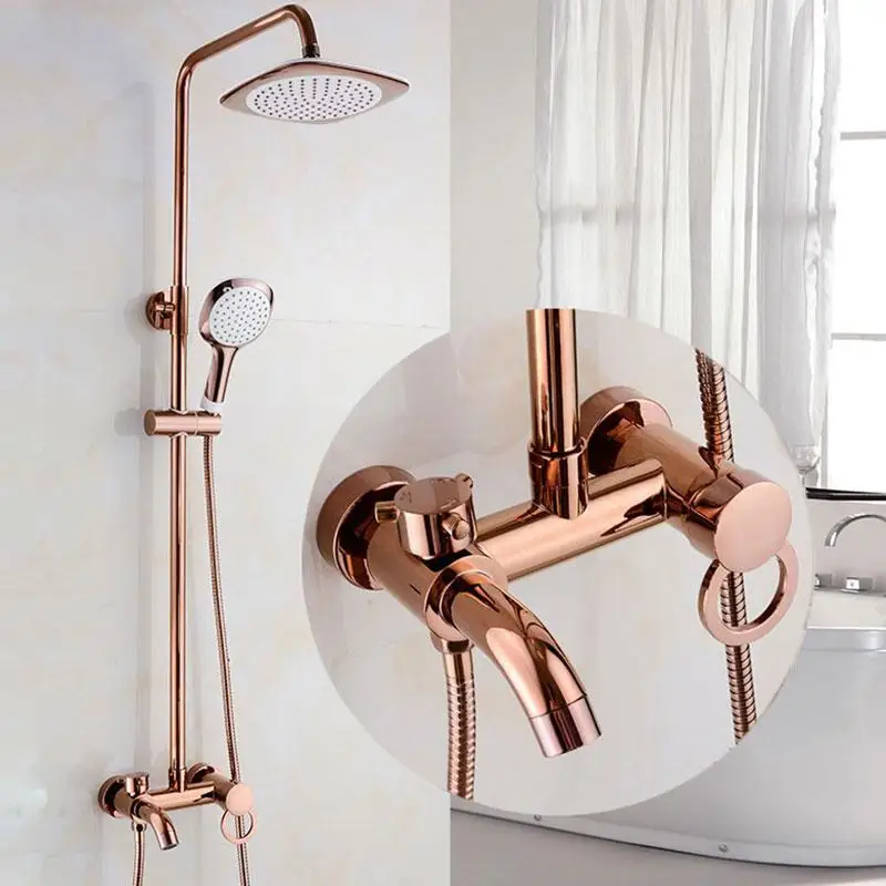 

Bathroom brass rose gold shower set system wall mounted 8" rainfall shower mixer taps 3 functions single handle
