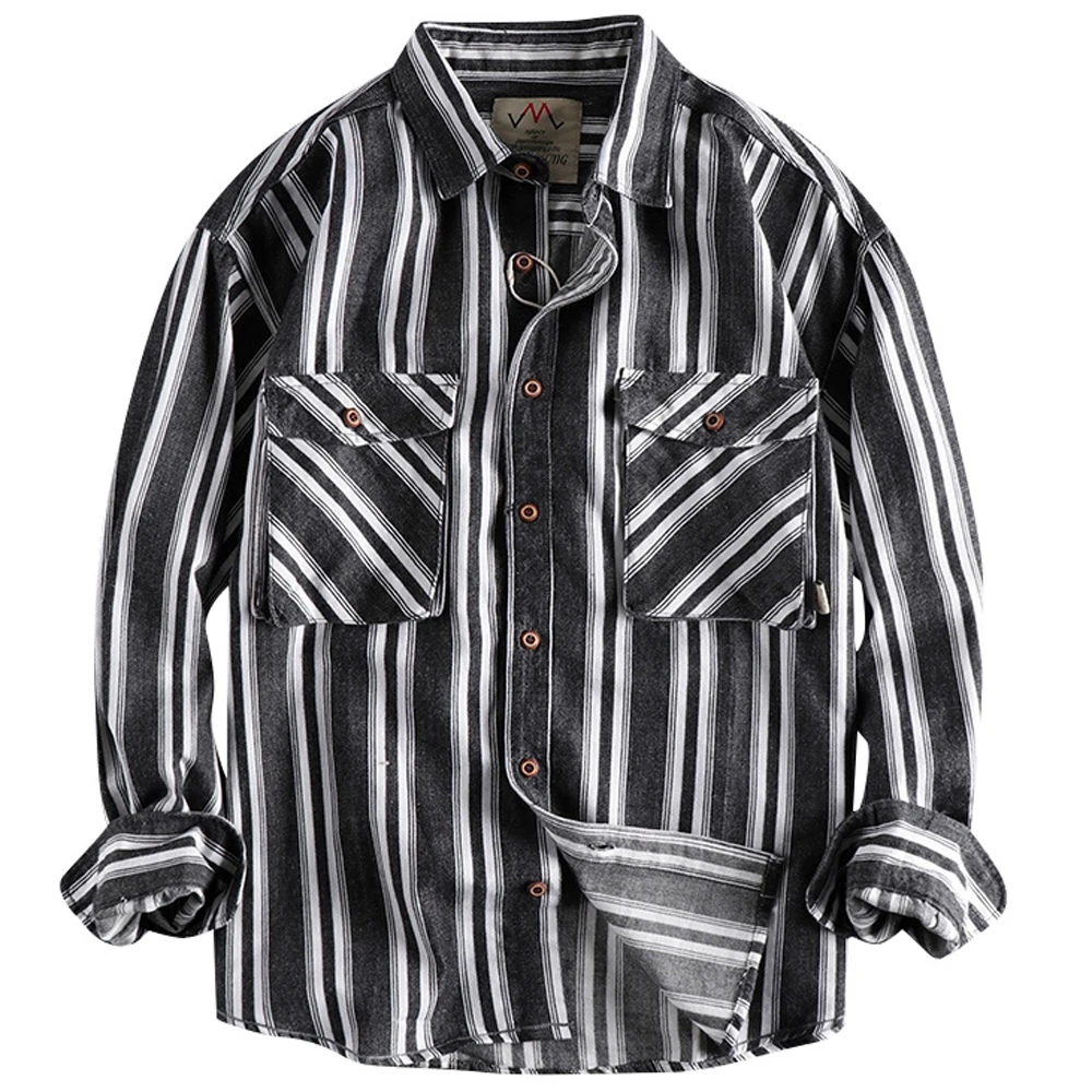 Shirt for Men Vertical Striped Long Sleeved Mens Shirt Single Breasted Outerwear Business Shirt Strretwear American Designer