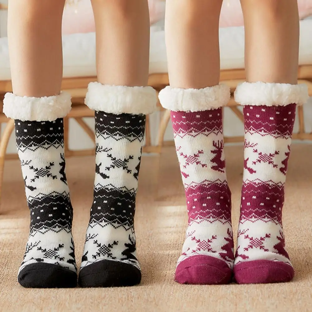 

Рождественские носки, носки с изображением лося, снежинки, носки для пола средней длины, носки для взрослых, носки для сна, бархатные теплые ...