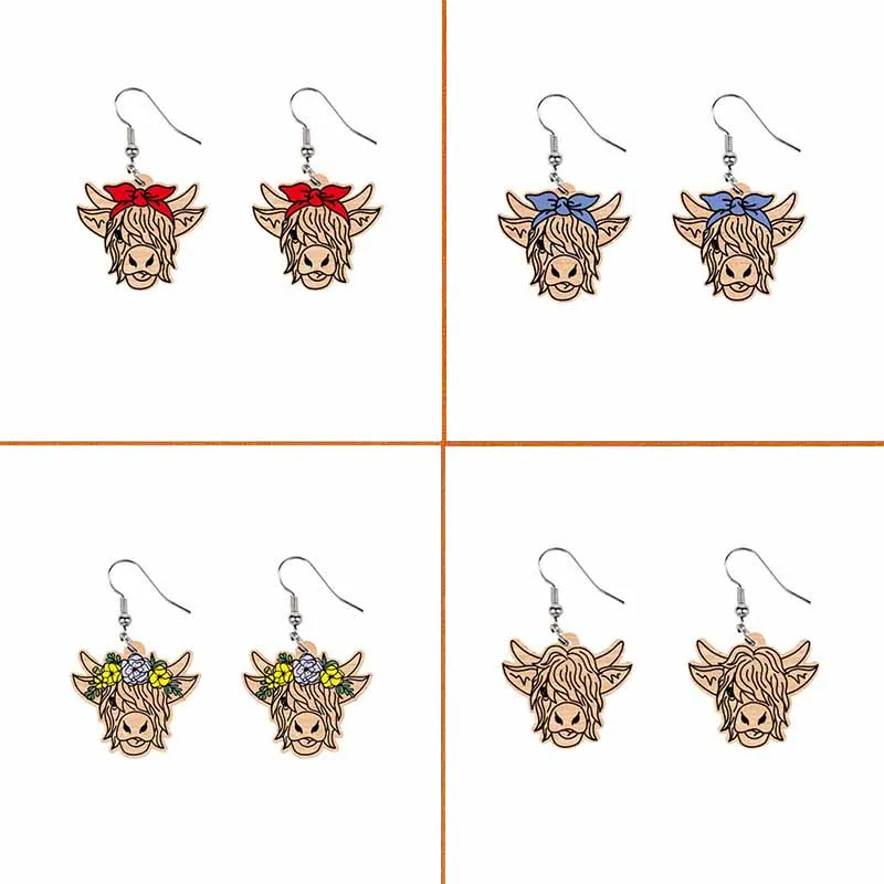 

Hot Highland Cow Vintage Stud Earrings Bowknot Yak Western Denim Ethnic Style Wooden Cow Ear Rings Gift Wholesale