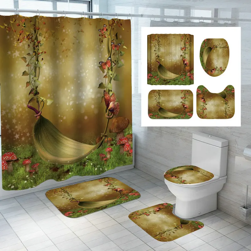 

Magical Forest Shower Curtain Set Lush Trees Plant Wildflower Grass Nature Scenery Bath Curtain Bathroom Rug Toilet Lid Bath Mat