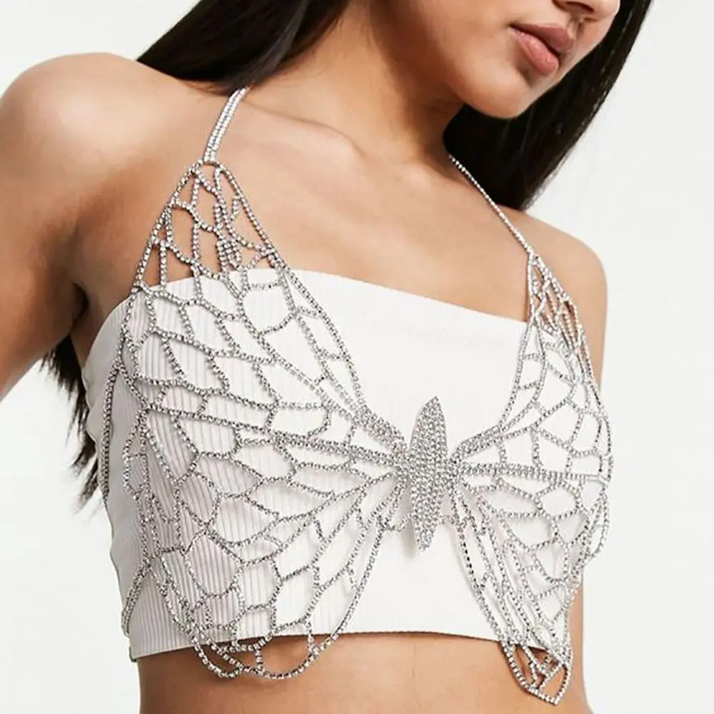 

New Fashion Rhinestone Butterfly Chest Chain for Women Shiny Hollow Out Body Chain Summer Beach Party Jewelry Accessories Gift