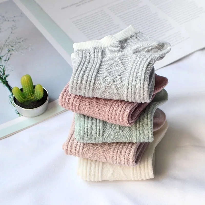 5pairs Women's Socks Summer Pure Color Cotton Breathable Stripes Ankle Socks Women's Double Needle Invisible Socks