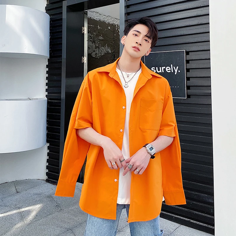 

Two ways to wear men's loose shirt stylish design yellow orange solid top wear