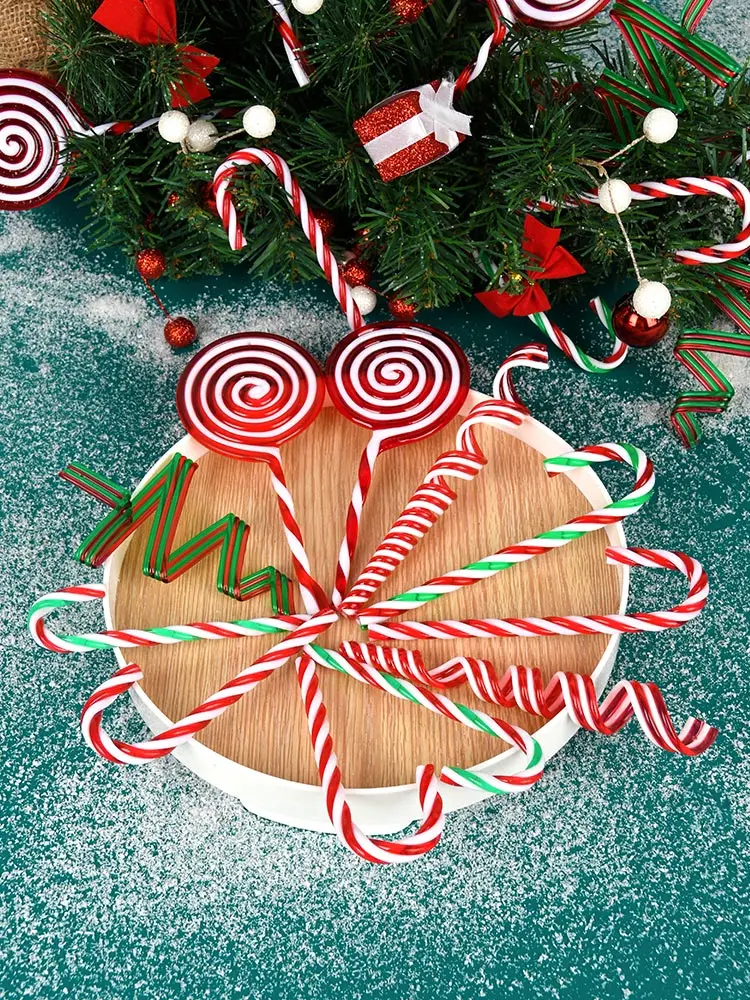 

Christmas decorations: red, white, green crutches, lollipops, candy rolls, pendants