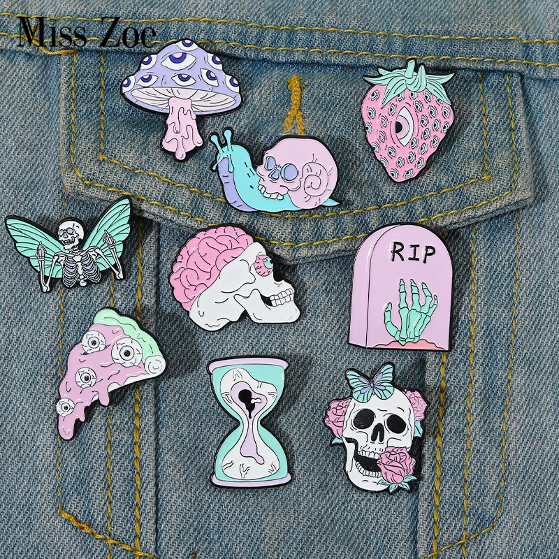 Intensive Eyes Enamel Pins Custom Pink Punk Skeleton Butterfly Pizza Hourglass Strawberry Brooch Gothic Lapel Badgs for Friends