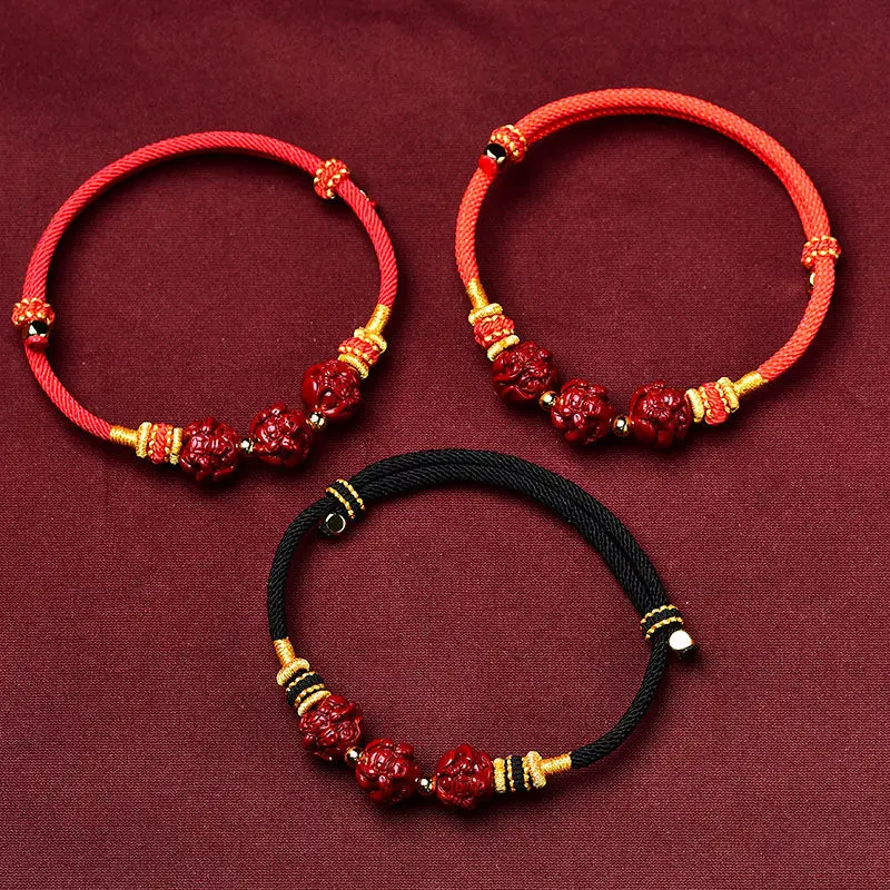 

Cinnabar Red Rope Broken Tai Sui Three-in-One Zodiac Hand Rope Hand-woven Life Year Red Rope Bracelet Transfer Bead Prayer Gifts