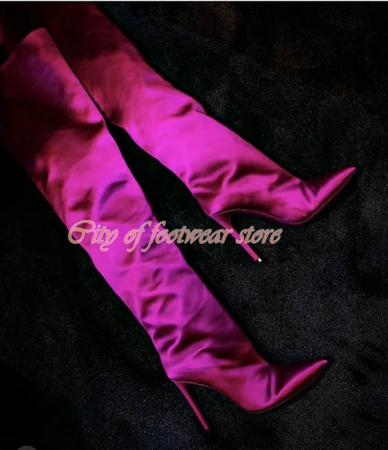 

Women Boots Satin Pointy Toe Stiletto Knee High Boots Hot Pink Leather Long Boots Plus Size Runway Sleeve Nude Boots Shoes