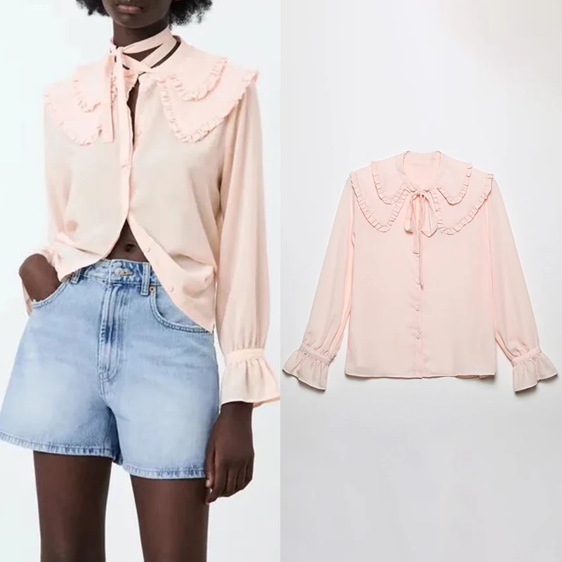 

Женская короткая рубашка с бантом, универсальная однобортная двухслойная рубашка с длинным рукавом и оборками на воротнике, FH2709, весна 2022