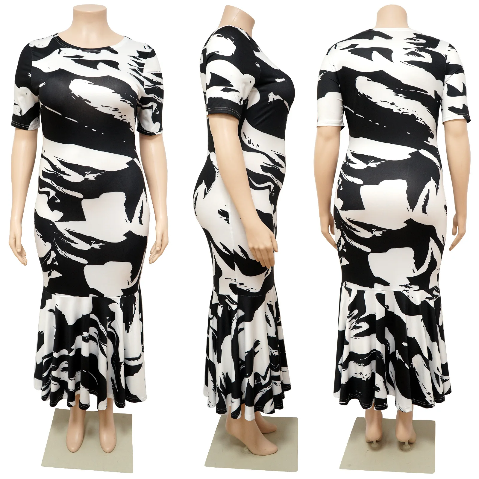 Plus Size Women 4xl Dress Print Ruffle Elegant Dress For Chubby Lady Fashion Party Evening Robe Summer Luxury Wholesale Clothes