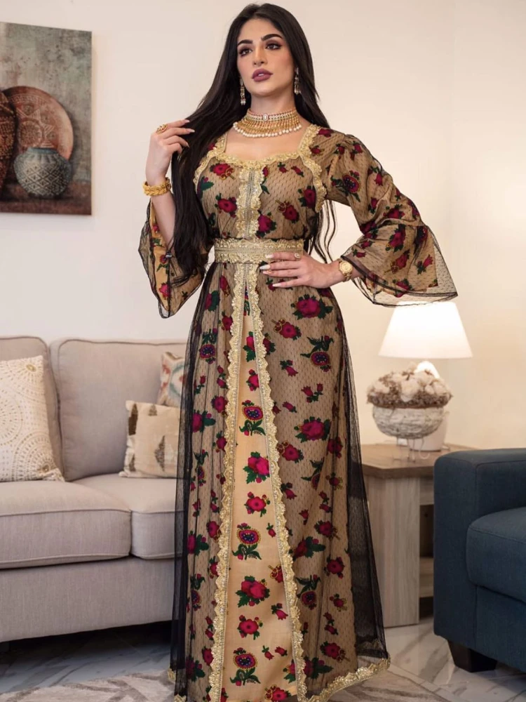 

Ethnic Embroidered Abaya Dress Women Eid Mubarak Middle East Dubai Turkey Moroccan Kaftan Party Robes India Islamic Clothing