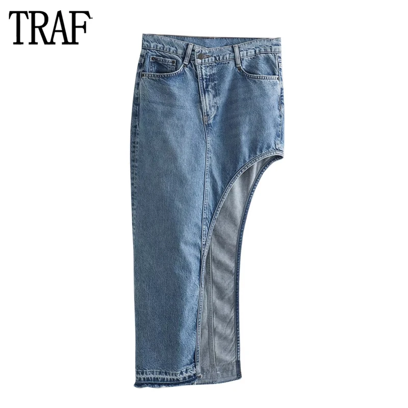 

TRAF Cut Out Denim Skirt Women Blue Asymmetric Long Skirts for Women Frayed Mid Waist Woman Skirts Jeans Summer Women's Skirt
