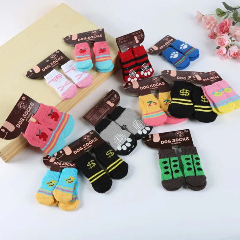 

4Pcs Winter Warm Anti-Slip Pet Dog Socks Small Cat Dogs Knit Socks Chihuahua Thick Paw Protector Dog Socks Booties Accessories