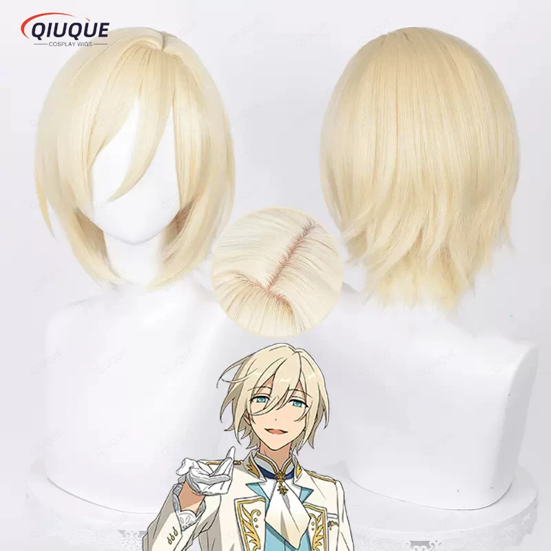 Game ES Ensemble Stars Tenshouin Eichi Cosplay Wig Short Golden Heat Resistant Synthetic Hair Party Wigs + Wig Cap