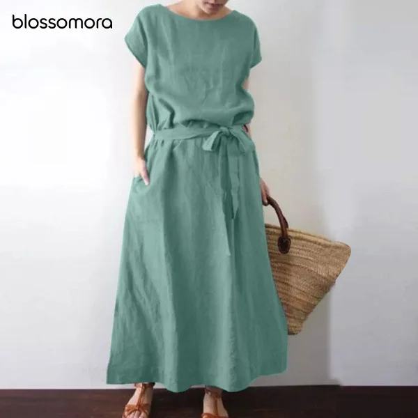 

blossomora solid loose tunics bohemian maxi dress casual o-neck short sleeve cotton linen robe summer vestidos for women 2022