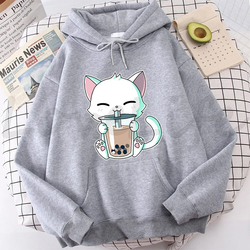 

Animals Boba Tea Hoodie Cute Cat Hooded Sweatshirt Harajuku Hoodies Kids Kawaii Pullover Tops Casual Hoody Womens Clothes Coats