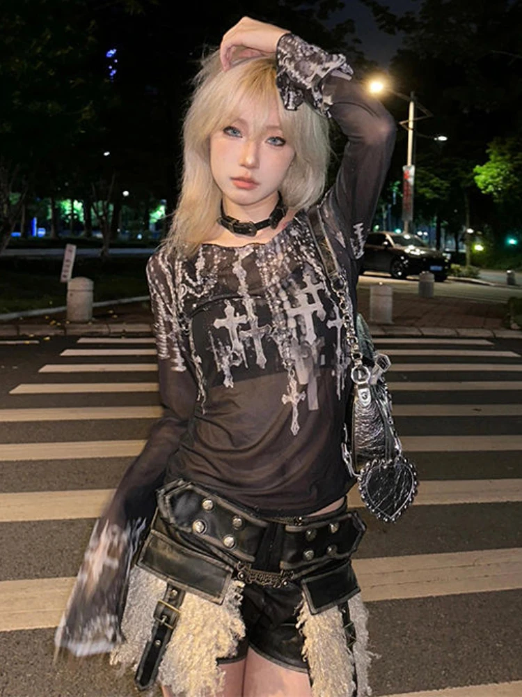 Женская футболка с длинным рукавом облегающая принтом в стиле Харадзюку Y2k