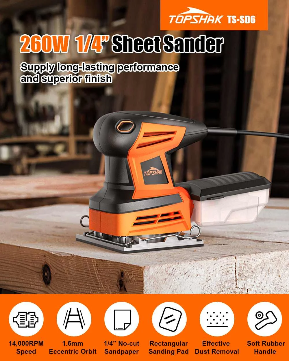 TOPSHAK TS-SD6 260W Electric Palm Sander Hand Sander Wood Grinder Polishing Electric Grinding Machine with 20Pcs Sandpapers