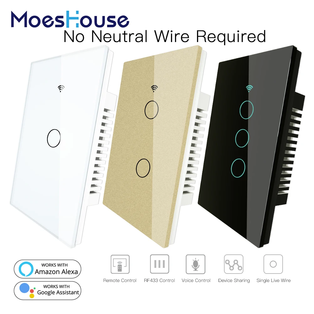 

RF433 WiFi Smart Wall Touch Switch No Neutral Wire Needed Smart Single Wire Wall Switch Work with Alexa Google Home 170-250V