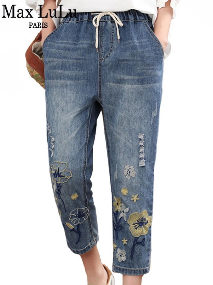 Max LuLu 2022 Chinese Summer Fashion Style Ladies Vintage Embroidery Jeans Women Casual Floral Denim Trousers Ripped Harem Pants