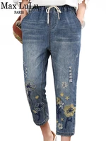 max lulu 2022 chinese summer fashion style ladies vintage embroidery jeans women casual floral denim trousers ripped harem pants