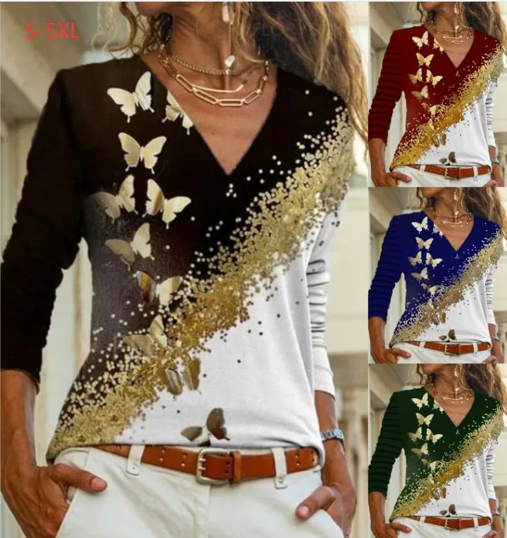 

Women's 2023 new fashion casual printing trend V-neck T-shirt