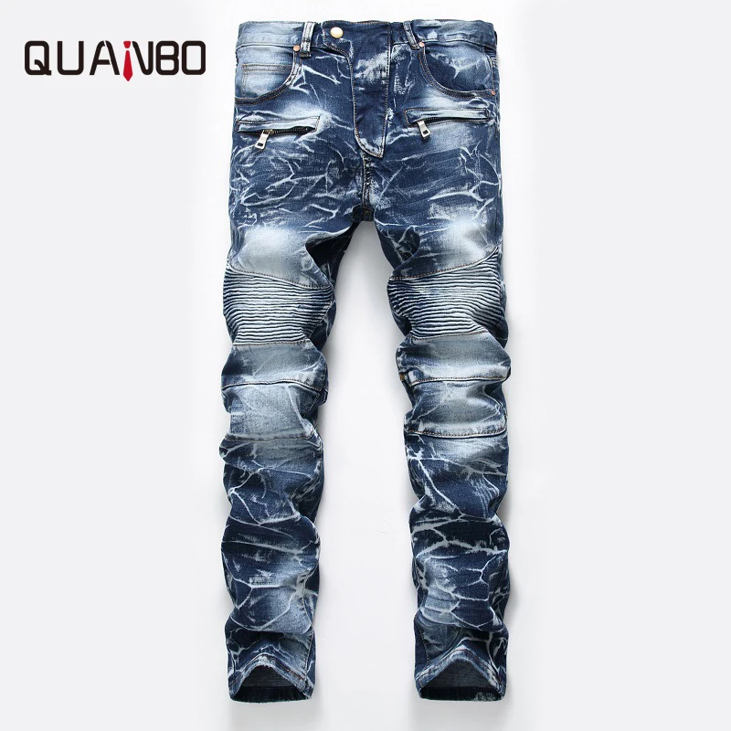 

Men's Slim fit Straight Moto Biker Jeans Fashion Nostalgia Retro pleated jeans pants with Zipper Deco 42