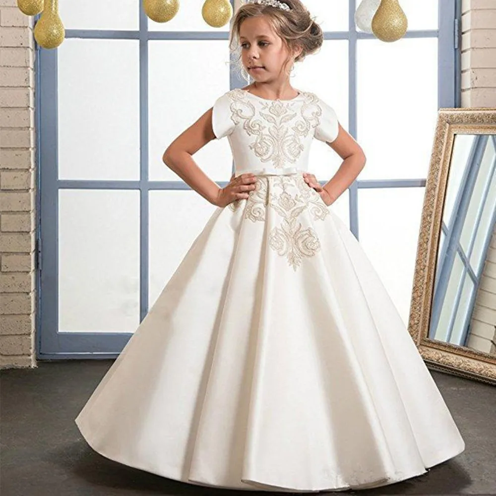 

Formal Beautiful Gold Lace Embroidery Kids Flower Girl Dresses For Wedding O Neckline Elegant First Holy Communion Girls Dr