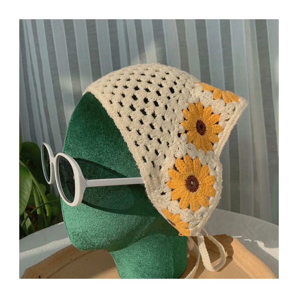 

Flower Checker Crochet Triangle Hair Scarf Knitted Headband Turban Bandana Y2K Head Wrap For Daily Hair Accessories 2022 NEW