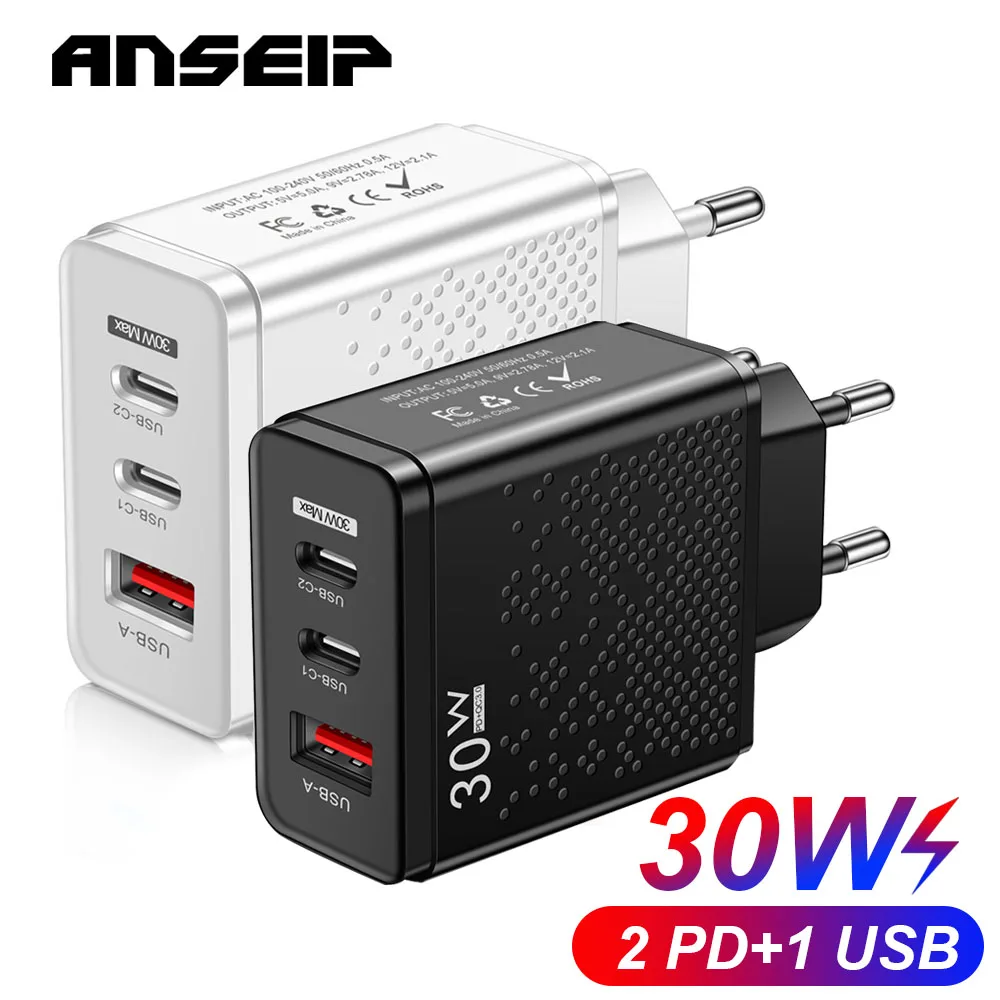 

ANSEIP USB Type C Charger Quick Charge 3.0 Mobile Phone 30W USB PD Fast Charge Adapter For iPhone 14 13 12 11 Pro Samsung Xiaomi