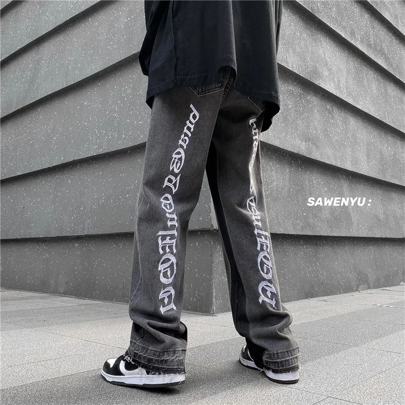 Hong Kong Style Retro Loose Color Block High Street Pants Ins Casual  Hip Hop Pants Men Letter Embroidered Jeans Men Clothing