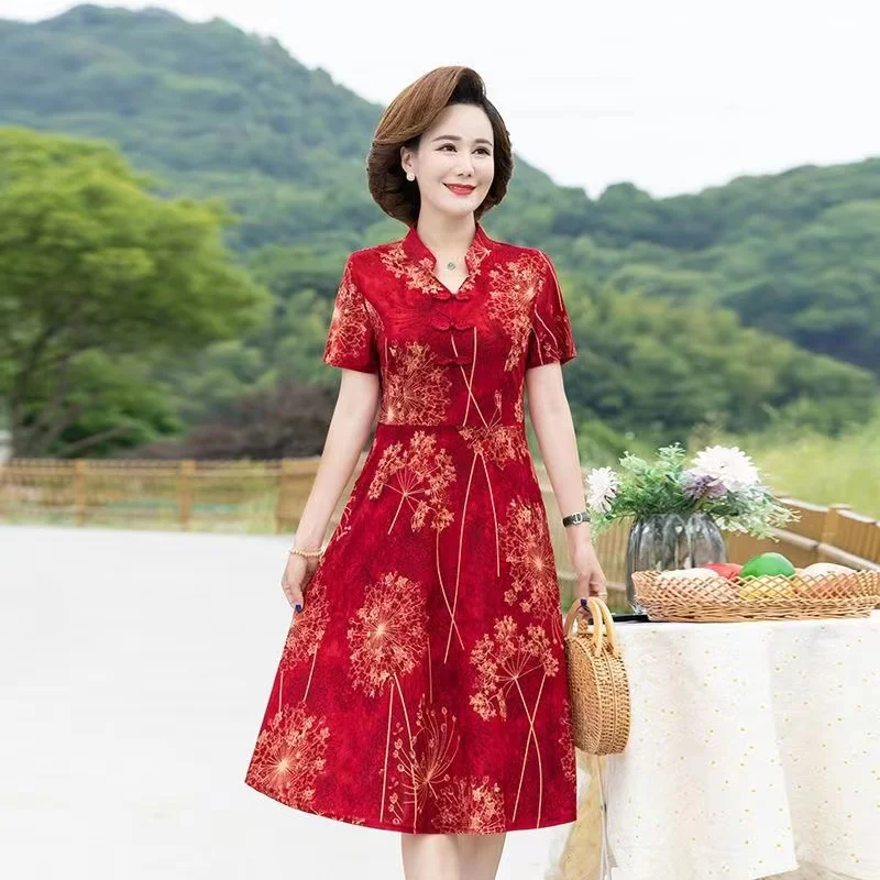 

PD6 Temperament Pure Cotton Women's New Middle aged Mom's Summer Dress in Large Size, Fashionable Middle aged and Elderly Dress