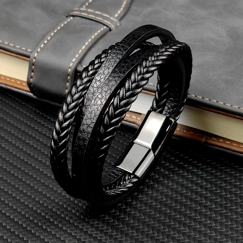

2023 New Fashion Punk Charm Custom Tennis Stainless Steel Chakra Genuine Leather Men Women Black Bracelets Christmas Bracelets