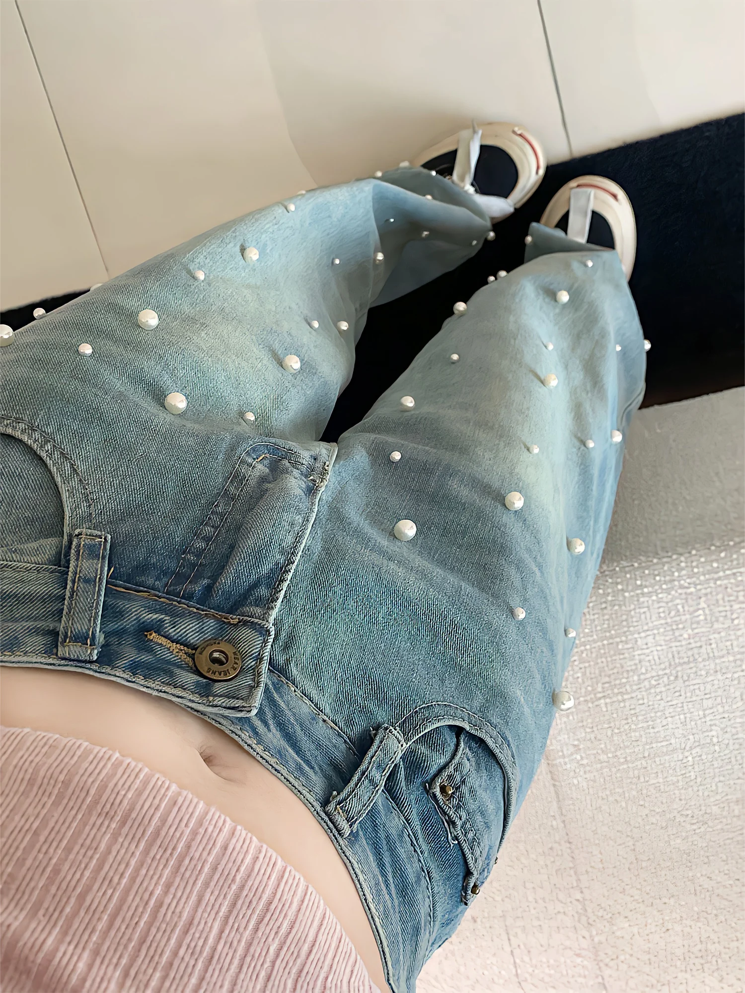 Jeans Women 2023New Design Sense Pearl Loose Casual Jeans Fashion Chic Women'S Long Trousers Retro Washed Wide Leg Mopping Pants