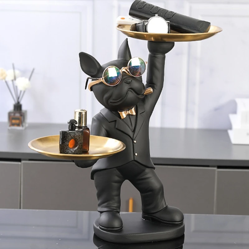 

Bulldog Statue Room Interior Decoration,Animal Sculpture Home Decor With 2 Metal Tray Bulldog Figurines Table Ornament