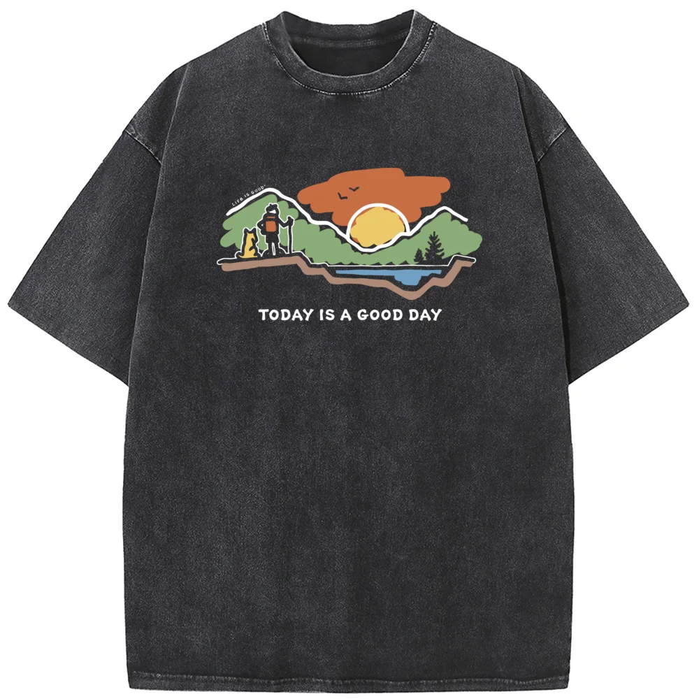 

Today is A Good Day Outdoor Funny Forest Style Men/Women Washed T-Shirt 230g Cotton Funny Bleached Tshirt Retro Bleach T shirt